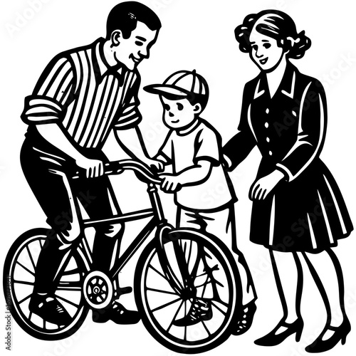 Vintage Family Bike Lesson Illustration