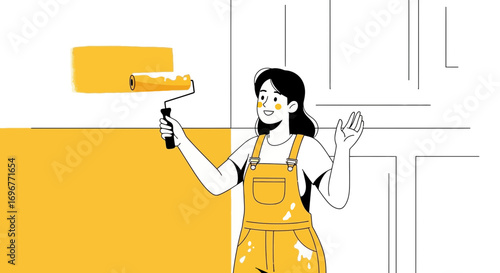 House Painting Illustration Depicting a Woman Using Paint Roller and Covering Wall with Yellow Paint