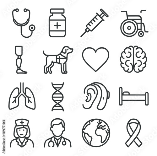 Healthcare icons set: medical tools, professionals, symbols and equipment