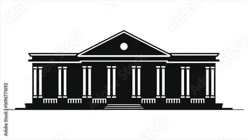 Historic Colonial-Style Hotel with Pillars Vector Illustration, Classic Architecture Facade, Elegant Landmark Building, Black and White Silhouette, Vintage Heritage Mansion, Old Luxury Estate Design