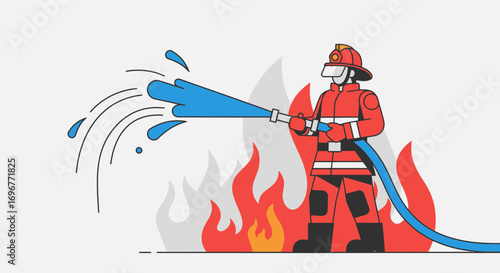 Firefighter in Action Dousing Flames With Powerful Water Stream for Safety