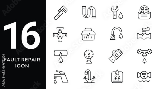 Fault repair icons set, plumbing and water damage for website design and app development
