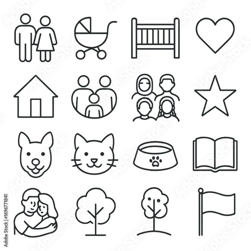 Minimalistic family and pet icons featuring everyday objects and symbols