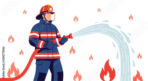 Firefighter Heroically Extinguishing Flames With Powerful Stream Of Water To Save