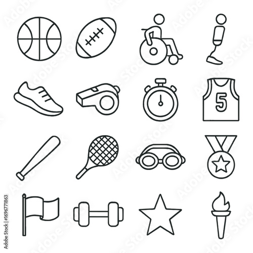 Sports icon set featuring ball, bat, and fitness symbols