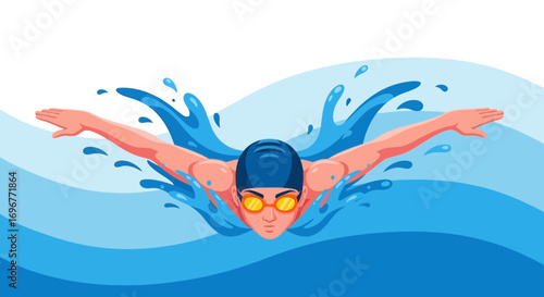 Illustrated Athlete Swimming In Water With Glistening Splashes Depicting Energetic Movement