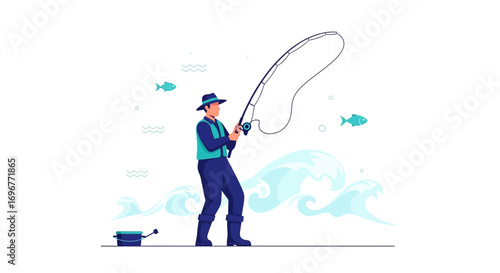 Fisherman Casting A Fishing Rod By The Waves, Seeking A Maritime Catching Experience