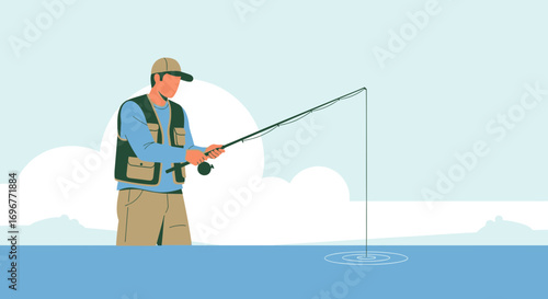 Fisherman Casting His Rod Into The Calm Waters of a Lake, Fishing Concept Vector Illustration