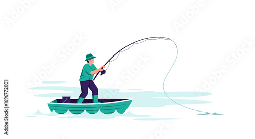 Fisherman Enjoying The Peace While Angling A Catch From His Rowing Boat On The Water