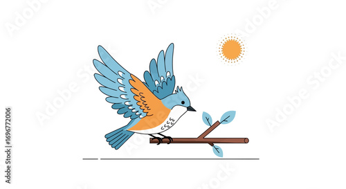 Illustration Of A Colorful Animated Bird Perched On Tree Branch Against White Background