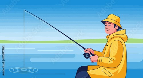 Fisherman Fishing With His Rod and Reel During a Quiet Moment Near Water
