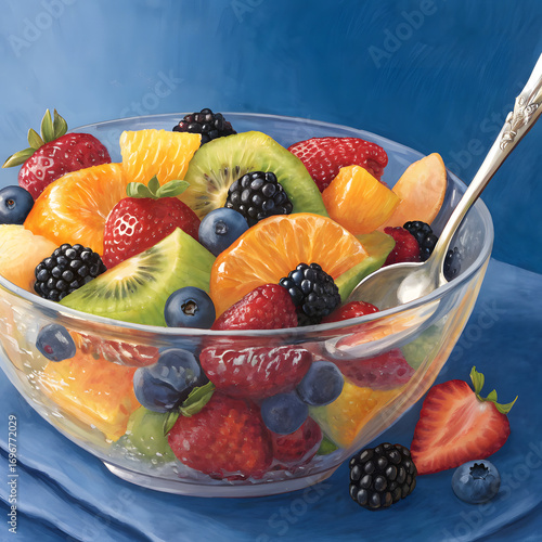 Fresh vibrant fruit salad in a clear glass bowl with spoon healthy refreshing dessert