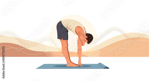 Illustration Of A Man Performing A Forward Bend Yoga Pose For Wellness And Relaxation