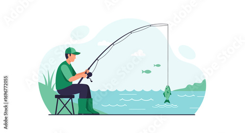 Fisherman Fishing With Rod At Lakeside Drawn In Contemporary Illustration Style