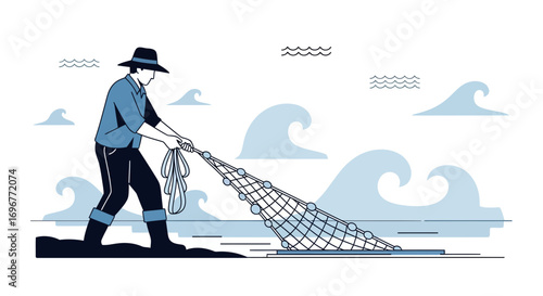 Fisherman Laboriously Hauling Net In The Sea, Capturing The Essence Of Coastal Farming