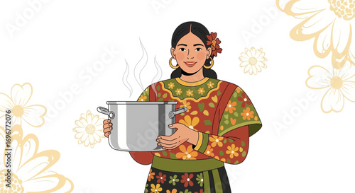 Illustration Of a Smiling Woman Holding a Pot Full Of The Delicious Cooked Meal Ready