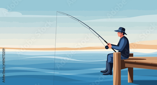 Fishing From The Pier, Peaceful Scene Illustartion With Angler And Serene Marine Vista