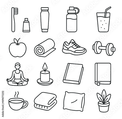 Icons of health and wellness: exercise, nutrition, meditation, hydration, relaxation