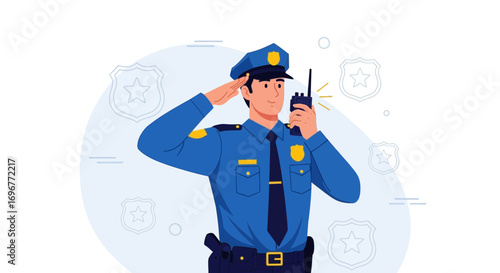 Illustration Of Police Officer Saluting And Using A Walkie Talkie In Uniform With Badges