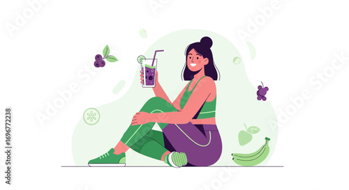 Fit Female Enjoying Refreshing Juice With Fruits Demonstrating Wellness And Healthy Lifestyle