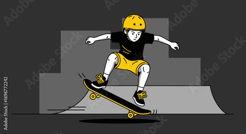 Illustration Of Skateboarder Executing Skateboarding Trick, Showing Fun And Action