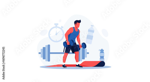 Fitness Enthusiast Exercising With Dumbbells And Barbell In a Modern Flat Illustration Style