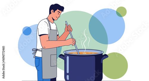 Illustrative Cooking: A Person Stirring a Pot While Wearing an Apron in a Kitchen