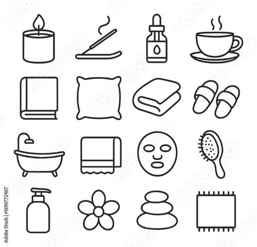 Cozy relaxation icons: candle, incense, tea, pillow, bathtub, spa essentials