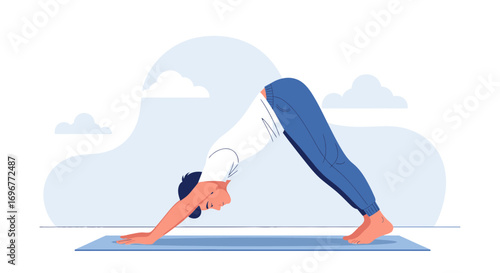 Illustrative depiction of a person performing a downward-facing dog pose on a blue mat