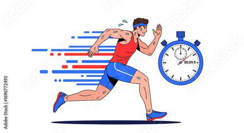 Illustrative Depiction Of A Determined Athlete Sprinting With A Stopwatch For Time Keeping