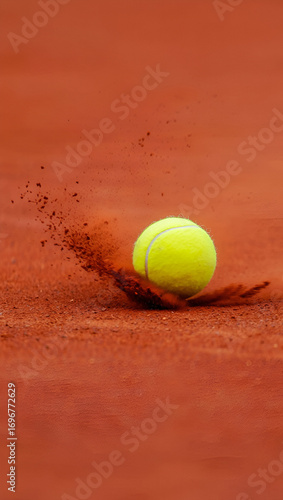 Tennis ball kicking up red clay on a tennis court during a match