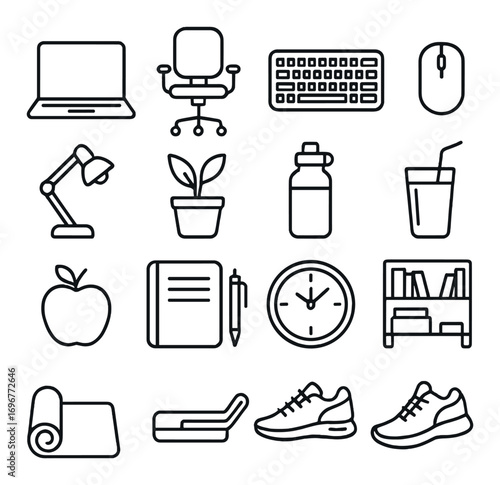 Set of office and fitness minimalist icons: technology, furniture, exercise