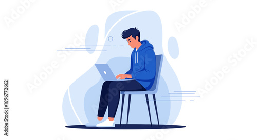 Illustrative Depiction Of Freelance Work Online Featuring Person Concentrating And Using Laptop