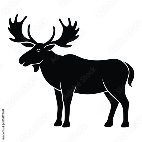 Black silhouette of a standing bull moose with wide antlers and open mouth deer animal