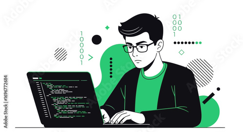 Focused Programmer Works on Futuristic Code with Binary Data and Digital Graphics