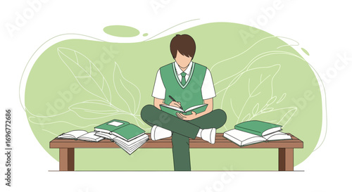 Focused Student Composing Notes While Surrounded By Assortment Of Books On Bench