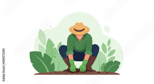 Illustrative Gardener Crouching Amongst Vegetation And Planting Something In The Fertile Soil