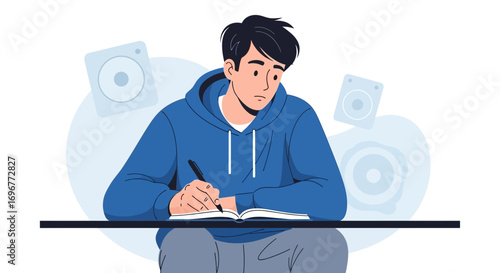 Focused Writer in Blue Hoodie Creates Notes with Sound System Elements Minimalist Artwork
