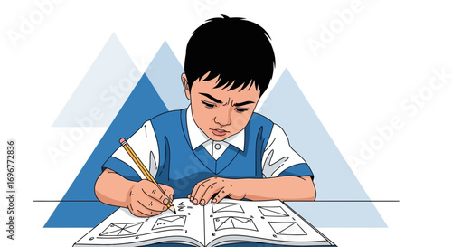Focused Young Boy Concentrating on His Schoolwork with Geometric Illustrations at his Desk Study