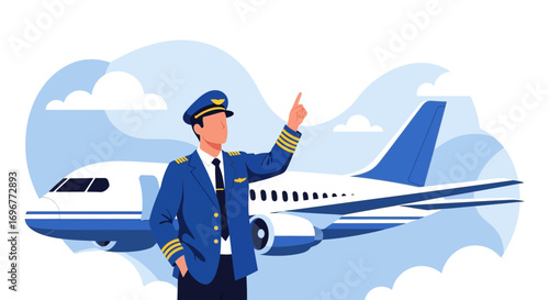 Illustrative Pilot Pointing Towards Airplane, Guiding Direction, Showing Profession