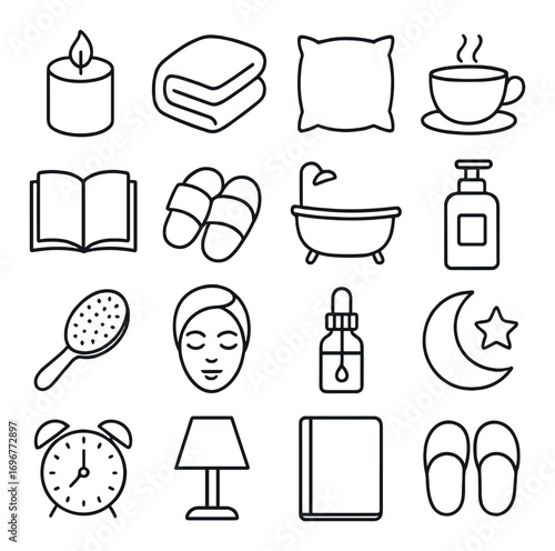 Cozy relaxation icons: candle, blanket, pillow, cup, bath, lotion, book, slippers, alarm, lamp