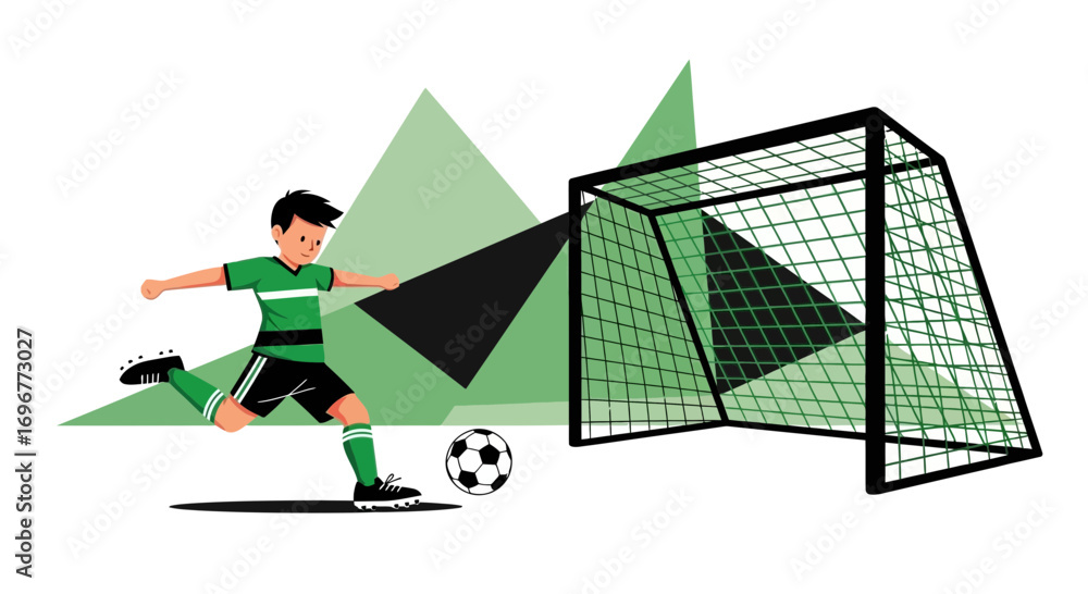 Fototapeta premium Footballer Kicking A Ball Towards The Goal In A Simplified Vector Illustration