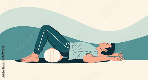 Illustrative Representation Of Man Relaxing While Doing Back Exercises Using A Roller