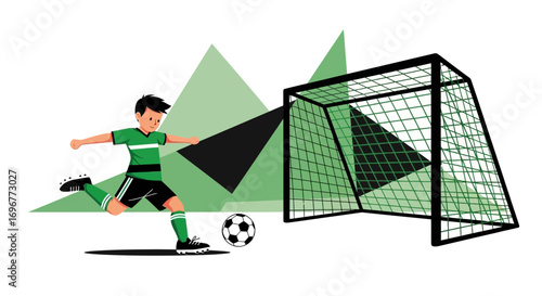 Footballer Kicking A Ball Towards The Goal In A Simplified Vector Illustration