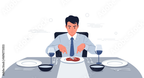 Formal Dinner Experience: A Business Man Enjoying Steak with Wine in Elegant Setting
