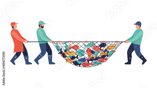 Abundance in the Net: Three figures collaborate, pulling a fishing net brimming with a variety of vividly colored fish, showcasing the richness and bounty of the ocean.