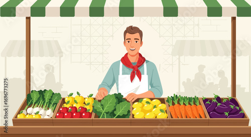 Fresh Market Produce Stall: Smiling Vendor Offers Vibrant Fruits And Vegetables For Sale