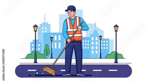 Urban Steward: A diligent street cleaner tends to his task on a bustling city thoroughfare, contributing to urban cleanliness and civic duty.