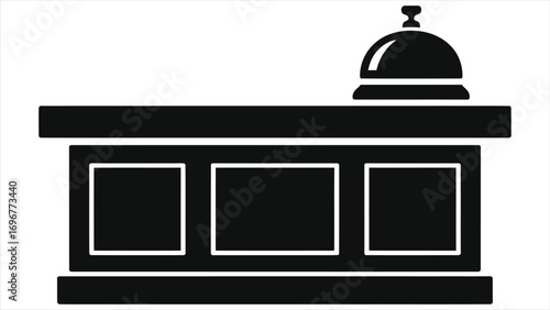 Hotel Reception Desk with Service Bell – Minimal Black & White Silhouette Vector Icon, Hospitality Front Desk Check-In Counter Graphic