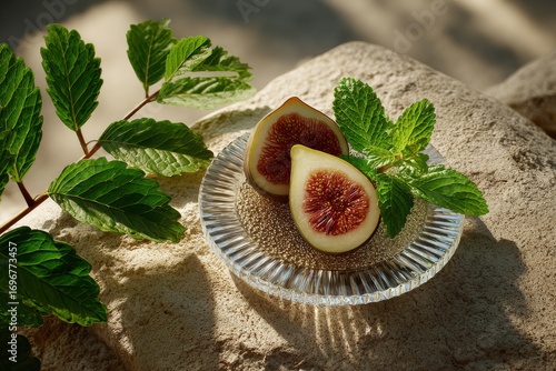 Delightful fresh figs arranged elegantly on a crystal plate surrounded by lush greenery under soft sunlight in a serene outdoor setting